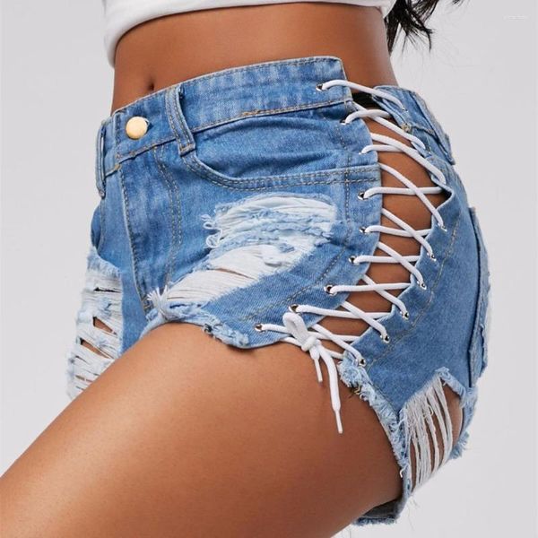 Frauenshorts 2023 Sommer Frauen sexy hohe Taille Denim zerrissen Kurzjeans Femme Indie Schwarz Blue Quasten Schnürbetthose