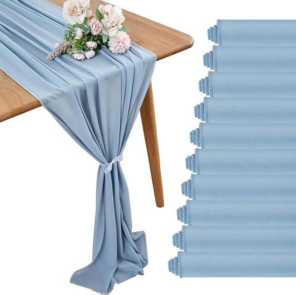 Runner de mesa 10pcs 70*300cm Blue Wedding Chiffon Table Runner Romântico Sheer Blush Decorações de mesa de jantar longa para o chuveiro de noiva 230814