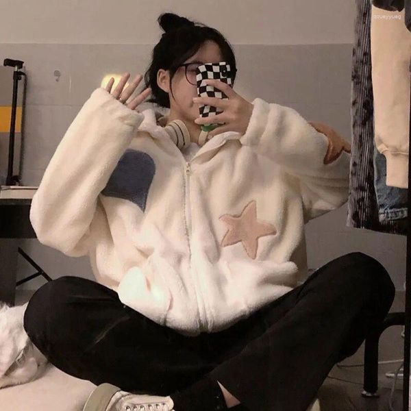 Damen Hoodies Qweek Sweatshirt Kawaii Harajuku Reißverschluss Hoodie Weißes Kunstfell Vlies übergroße koreanische Mode dicke Winterkleidung