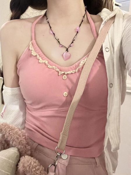 Frauen Tanks Pink Japaner Kawaii Tanktops Frauen Sommer Rückenless Lolita süße Ernte weibliche Halfter-Neck Koreanische Mode sexy Kleidung 2023