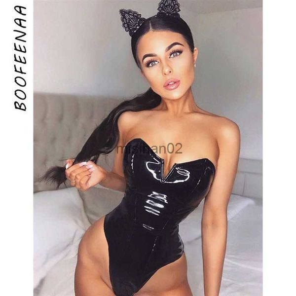 Rompers de macacões femininos Boofeenaa Black Latex Leather V pescoço de pescoço Bodysuuue Sexy Mulheres Roupas Gotas de Bodysuits Club Party C83-AA01 HKD230814