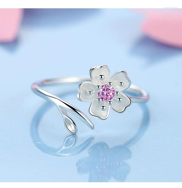 Ringos de cluster Fashion Moda 925 Sterling Silver Cherry Flower Ring fêmea aberta Hipster Estudantes de dedo de dedo rosa Blossom de pêssego