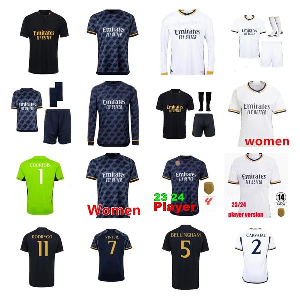 2023 Bellingham Vini Jr Jerseys de futebol Tchouameni 23 24 Camisa de futebol Real Madrids Camavinga Alaba Rodrygo Manga longa Camisetas Homens Kids Kroos Uniform Fãs Jogador