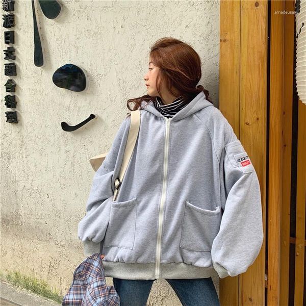 Damen Hoodies Plüsch gepolstert Hoodie Korean Streetwear Harajuku Kawaii Übergroße Reißverschluss-Sweatshirt-Kleidungsstil Longärmedise Top