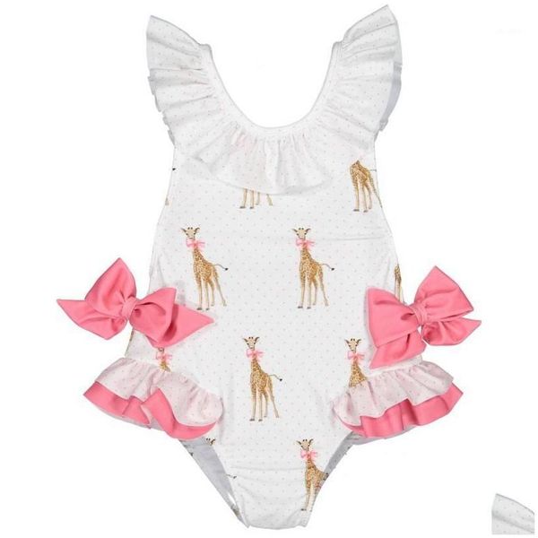 Roupas conjuntos de roupas de banho de garotas de verão com chapéu crianças desenhos animados giraffe bow kids