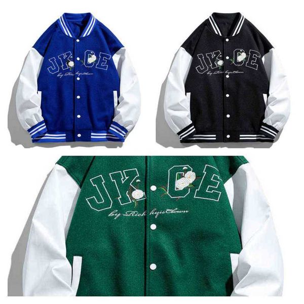 Jaquetas masculinas Varsity Style College Casual Bordado solto de couro Manga de beisebol Uniforme