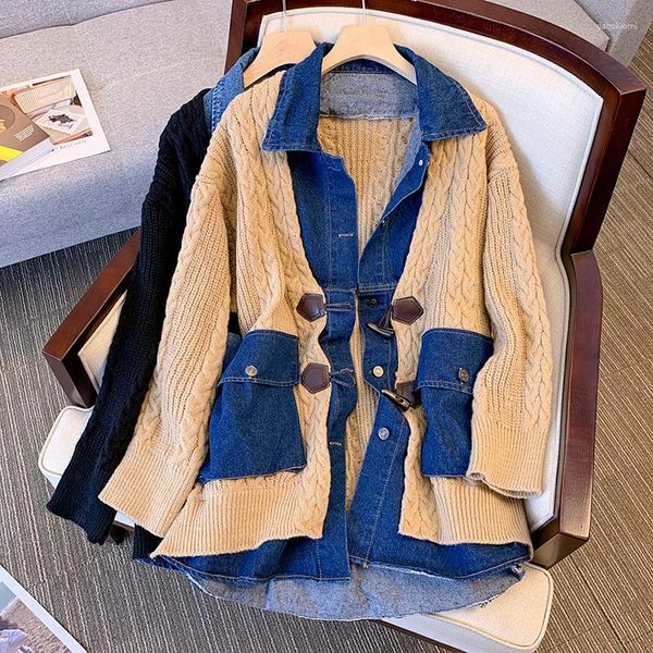 Kadın Örgüleri Sonbahar Vintage Denim Patchwork Sweater Top Moda Gevşek Çarpıştırma Yaka Uzun Kollu Tek Satır Düğmesi HARDIGAN CAT