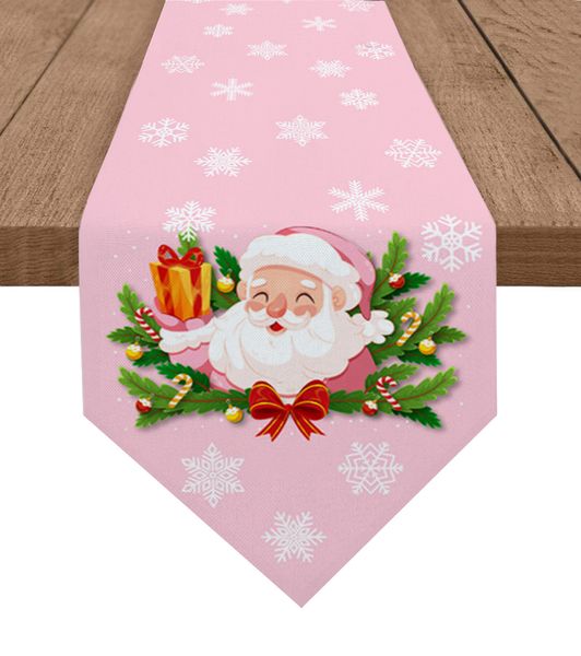 Стол -бегун Рождественский Санта -Клаус Сосна иглы снежинка Розовый стол бегун Свадебный декор стопор