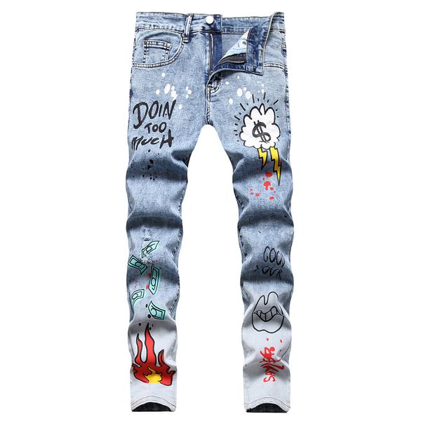 Jeans de Men Men Men impresso Letters de chamas de moda esticada Dólar calças de jeans pintado de neve lavadas calças retas 230814