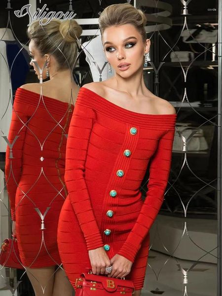 Vestidos casuais ailigou 2023 Red off ombro do ombro Mini vestido botão de manga comprida Bodycon celebridade festa elegante vestidos
