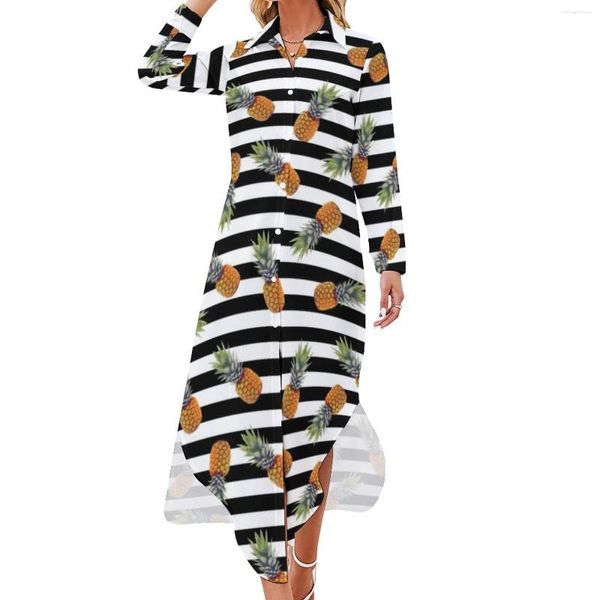 Повседневные платья тропические ананасовые шифоновое платье черное полосатое принт винтаж с длинным рукавом мода V Nece Design негабаритный