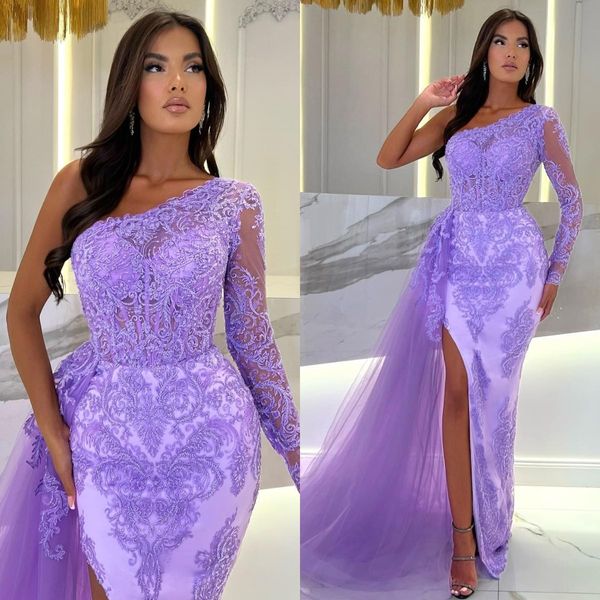 Eleganti abiti da sera a sirena di lavanda di lavanda un abito da ballo in pizzo spalla diviso abito lungo per un'occasione speciale