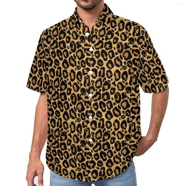 Camisas casuais masculinas Cheetah marrom blusas laranja padrão de leopardo impressão animal estampa de manga curta de manga curta