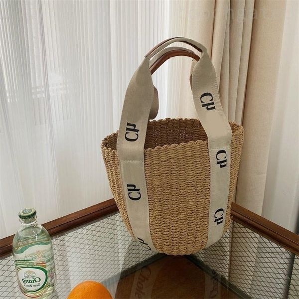 Borsa da spiaggia della spiaggia di moda borse di design a strisce legnose borse in pelle rimovibile cinghia a colori solidi pianta borse intrecciata in viaggio alla moda sacchetti di paglia a tracolla di lusso xb015 c23