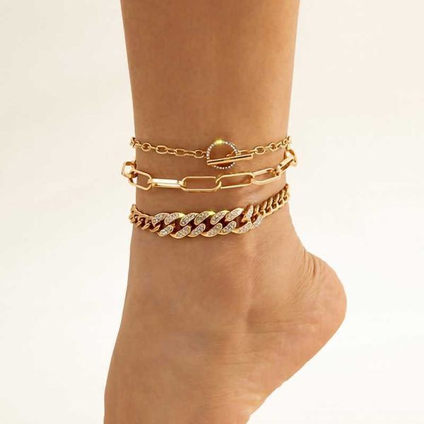 Hot 3PCS Set Bling Eced Out Stides Cuban Link Anklet für Frauen Vintage Gold Farbe ot Schnalle Fuß Schmuck 230719