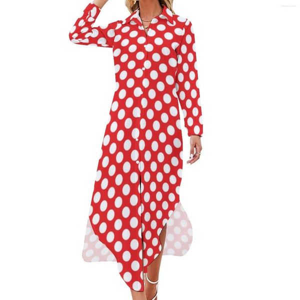 Lässige Kleider weiß und rot Tupfen Chiffon Kleid Vintage Spot Print Frau Langarm Street V Hals Übergroß