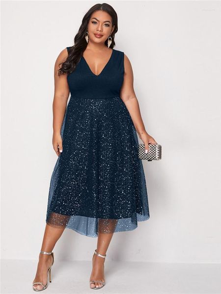 Повседневные платья мода 4xl для женщин синие элегантная миди -пышная шифоновая одежда 2023 летние осенние дамы коктейль вечернее платье вечеринки