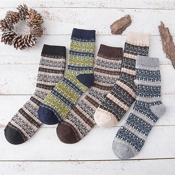 Herrensocken 5pairs/Herbst Winter Retro-Doppelschichtwolle mit ethnischem Stil dick und warm aus Schaf