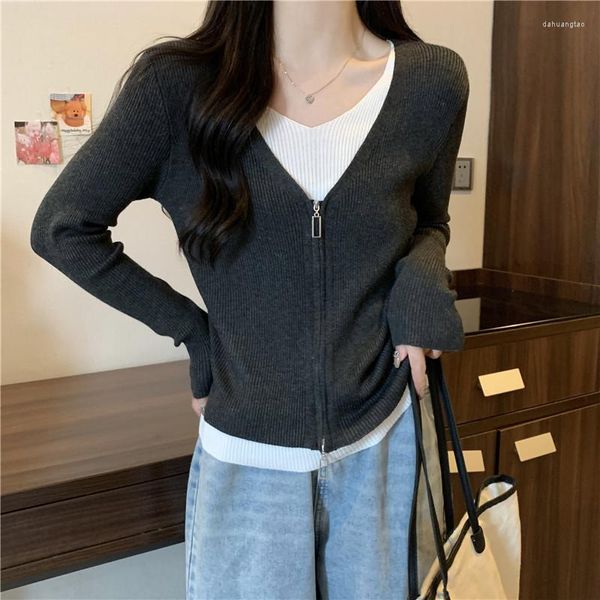 Frauenpullover koreanischer Stil Falsch zweiköpfiger Pullover Spring Fall Strick-Strickjacke Long Sleeve Chic Pullovers Tops Uns Shirt Schwarz grau