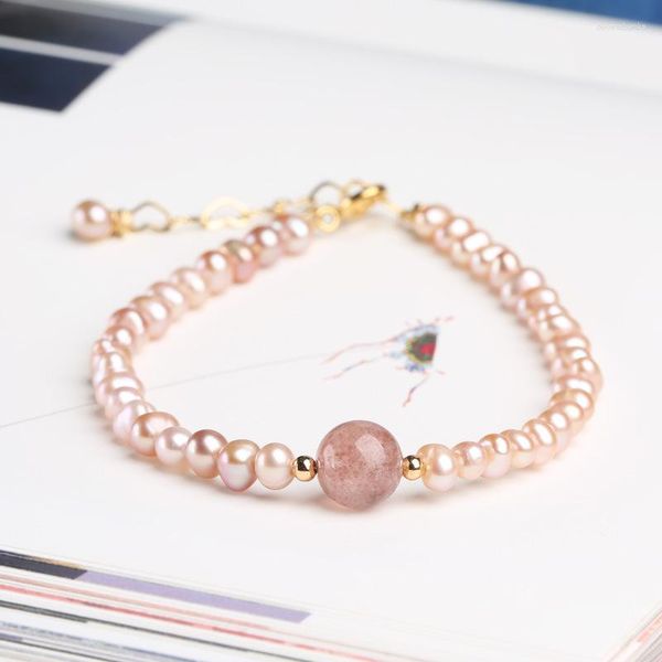 Pulseiras de charme pulseira de cristal de morango natural com pérolas de água doce e miçanga de sorte para mulheres jóias personalizadas de depósito de 14k