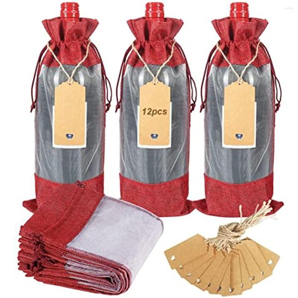 Embrulho de presente 12 PCs Bolsa de vinhos com cordas e tags strings Bolsa de garrafa Janela para a festa de aniversário de casamento de Natal