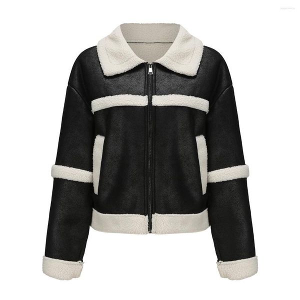 Damenleder in modischen warmen schwarzen Wildlederjacke Frauen Herbst Winter Kleidung 2023 Polar Fleece Patchwork Outerwears Freizeitmäntel