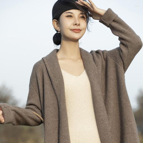 Trench feminina casacos de lã pura cardigã de renda médio longa up suéter casual de caxemra casual casual