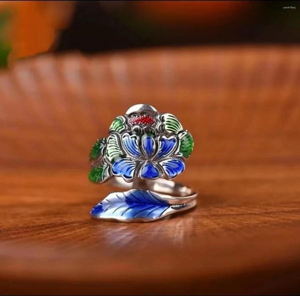 Кластерные кольца XS Этнический стиль ретро -пиони -цветок кольцо женское искусство Cloisonne Emamel Color Open Jewelry