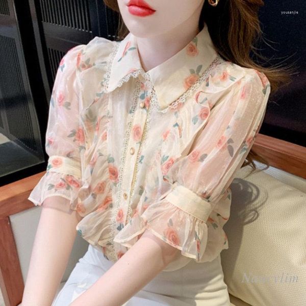 Blouses femininas camisas de estilo francês e camisa de chiffon de mangas curtas para mulheres verão 2023 Top lindas bluus de impressão