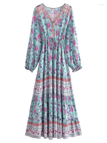 Vestidos casuais yenkye 2023 feminino estampa floral boho vestido longo vestido vintage cordeiro cintura v pescoço feminino férias femininas