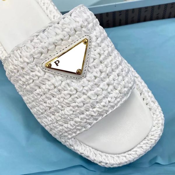 Tasarımcı Terlik Siyah Doğal Kadın Flatform Sandal Dokuma Platformu Tığ Müle Saman Slayt Flip Flip Flops tıknaz Alt Summer Beach House Kauçuk taban