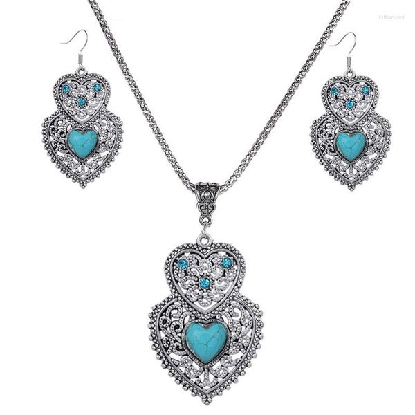 Brincos de colar Conjunto Bohemian Retro National Double Heart Blue Crystal Pingente Pingente Gree Grátis