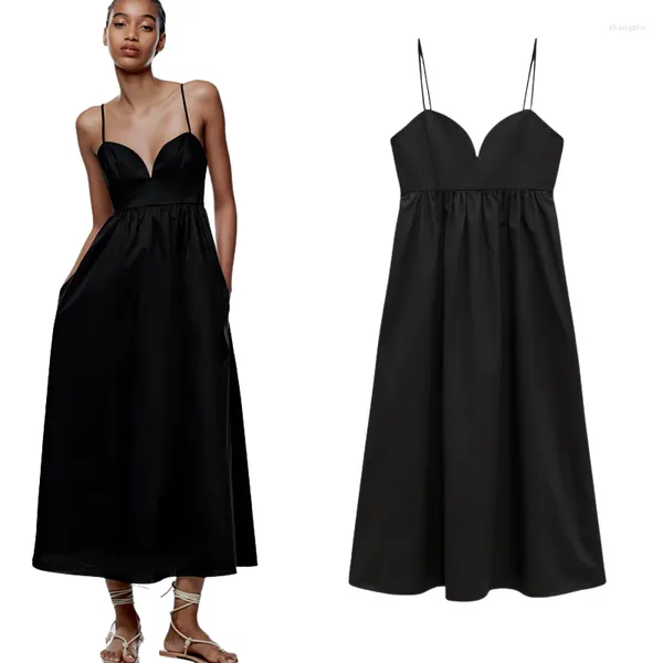 Lässige Kleider Sommer Frauen hepburn Little Black Kleid sexy V-Ausschnitt Großer Swing Retro trägerloser Frauen elegant long Popelin