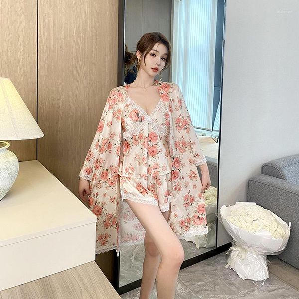 Abbigliamento per il sonno femminile Donne Kimono pigiama set a tre pezzi Summer Robe Cami Shorts pijamas abito sexy in pizzo pjs indossare lingerie