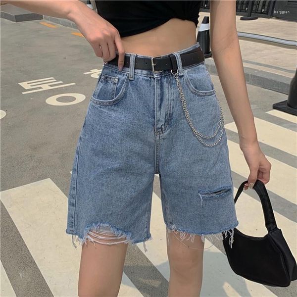 Jeans feminino estilo coreano estilo alta cintura rasgada hole jeans shorts mulheres retrô borla reta de verão feminino casual