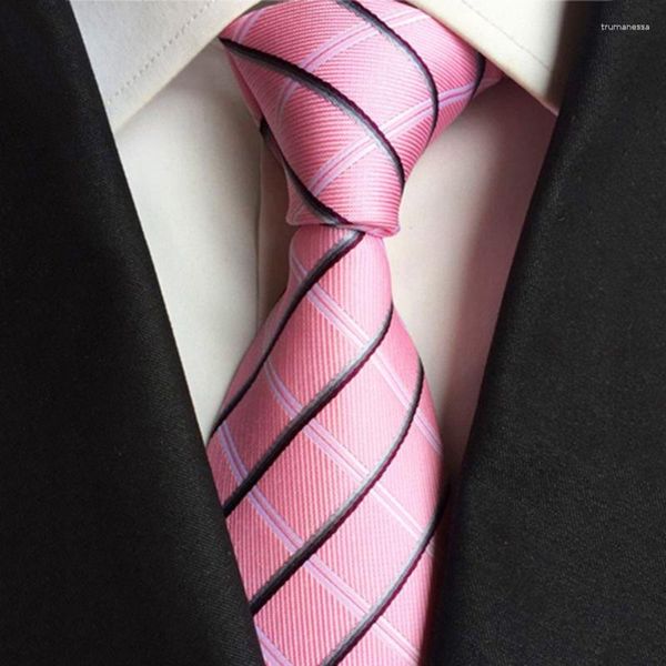 Laço amarra as gravatas de seda rosa para homens casamento formato de negócios formato feminino padrão de listras jacquard tecido gravata acessórios