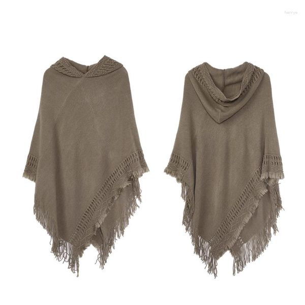 Hats Scarves Gloves Sets Women Winter Warm Knitted Hooded Poncho Cape Solid Color Crochet Fringed Tassel Shawl Wrap Oversized Pullover Cloak