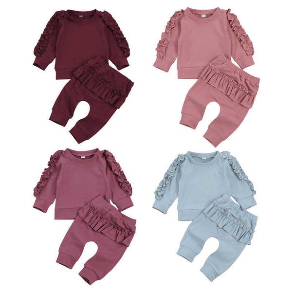 Conjuntos de roupas 0-24m bebê recém-nascido menina outono conjunto de roupas manga longa sólido algodão macio calças superiores 4 cores rosa vermelho azul rosa vermelho