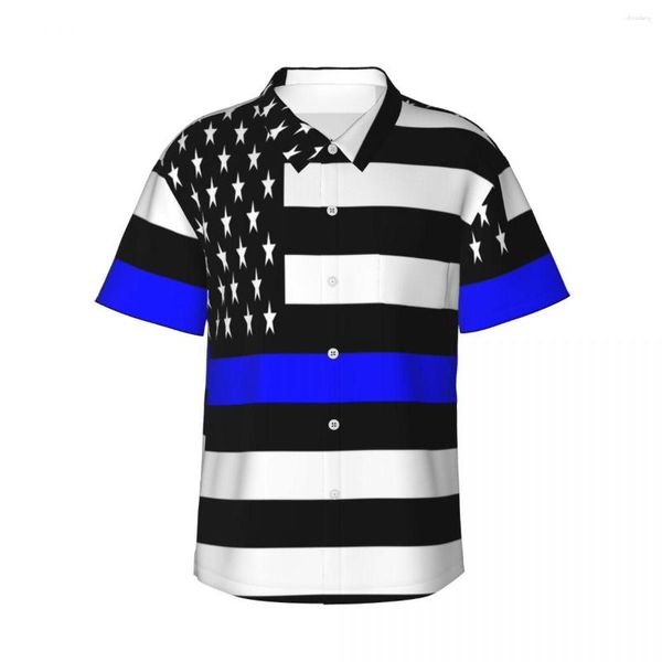 Camisa casual de camisa masculina bandeira de linha azul fina united_states tops de manga curta no verão
