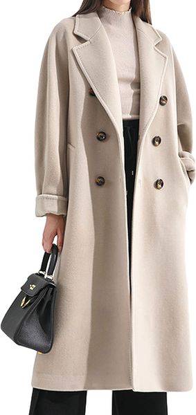 Frauen Mode Wolle Mischung Erbsenmantel Kamel gekerbter Kragen doppelte Breast Long Outerwear Jacke