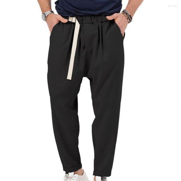 Calça masculina masculina cor de cor sólida jogadores de meio-arranha do meio da cintura elástica bolsos de cinto