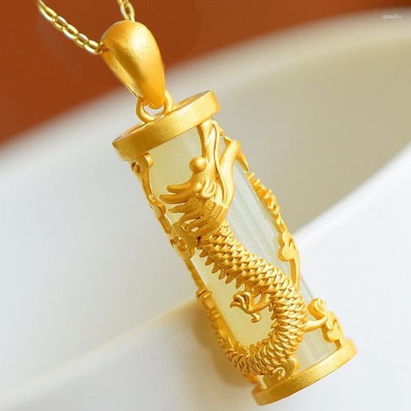 Colares pendentes Luxury Gold Color simular Jade Dragon Phoenix Colar para homens de casal de casal de casal de homens de amante Presentes de casamento