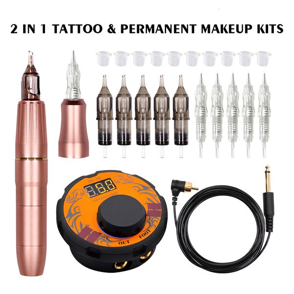 Tattoo Machine Biomaser EST permanente Makeup 2 Head Gold Rose Microblading Attrezzatura per pistola 3D Set 230814