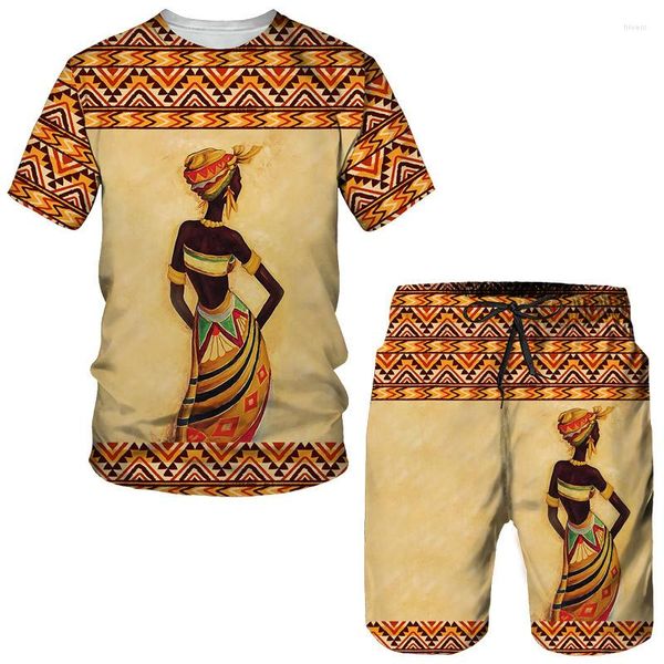 Herren Traursuits Mode Männer Sommer Crew Neck Kurzarm Top/Shorts/Retro Ethnic Style Afrikanische Kleidung Street Outfits Freizeitsportanzug