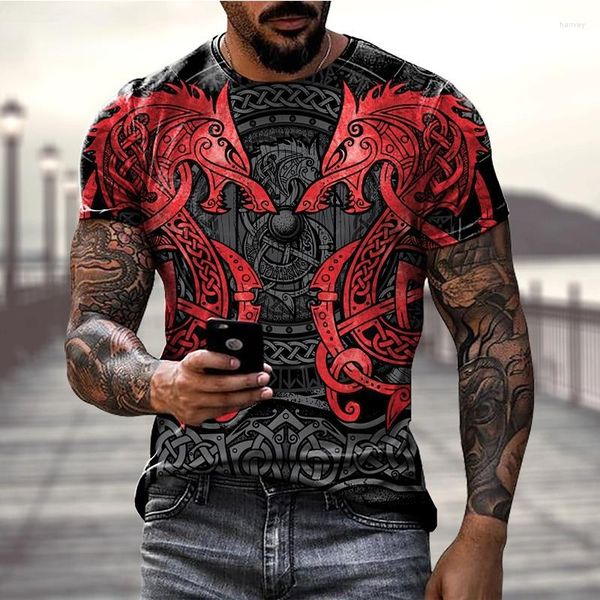 Camisetas masculinas 2023 Viking Tattoo Art 3D Imprimir camisetas Men Vintage Camiseta Hip Hop Casual Street Grande camisa para grandes dimensões para