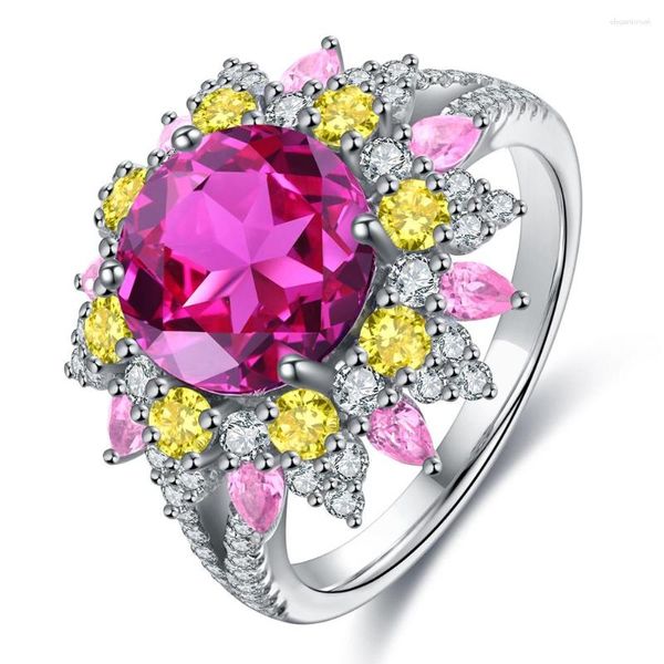 Ringos de cluster Anster Gemstone 925 Sterling Silver Round Cut Lab Lab Cultivado Sapphire Color Flower Ring Anel de casamento feminino