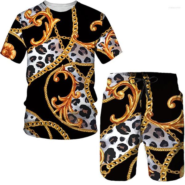 Herren Tracksuits Golden Barock Kette Leopard 3D Print Tracksan Männer lässig T-Shirt Sets Streetwear T-Shirts Shorts 2 Stück Sportswear Kinder