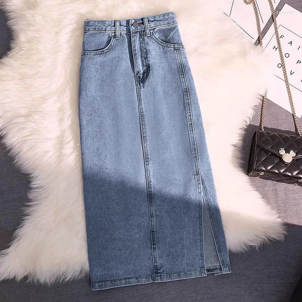 Saias de jeans de cintura alta feita feminina Sexy Salia de jeans longa feminina Use de escritório causal verão uma linha chic
