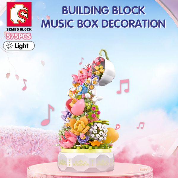 Bloklar Sembo Block 575pcs Çay Pot Çiçek Aydınlatma Müzik Kutusu Yapı Blok Ev Dekoru Anime Yaratıcı Hediye Oyuncak Çocuk Yetişkinleri 230814