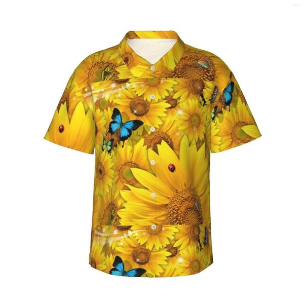 Herren lässige Hemden Sonnenblume Schmetterling Herren Hawaiianer kurzärmeliger Knopf Down Beach Tropical Blumen